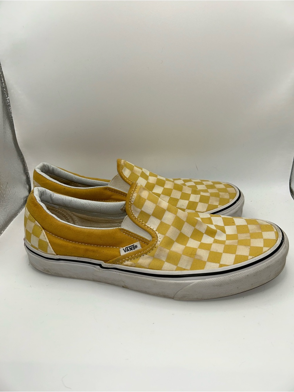 Vans yellow and white checkerboard slide ons M 9/W 10.5